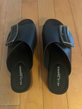 Kelsi Dagger Black Slide Sandals with Antique Gold Buckles